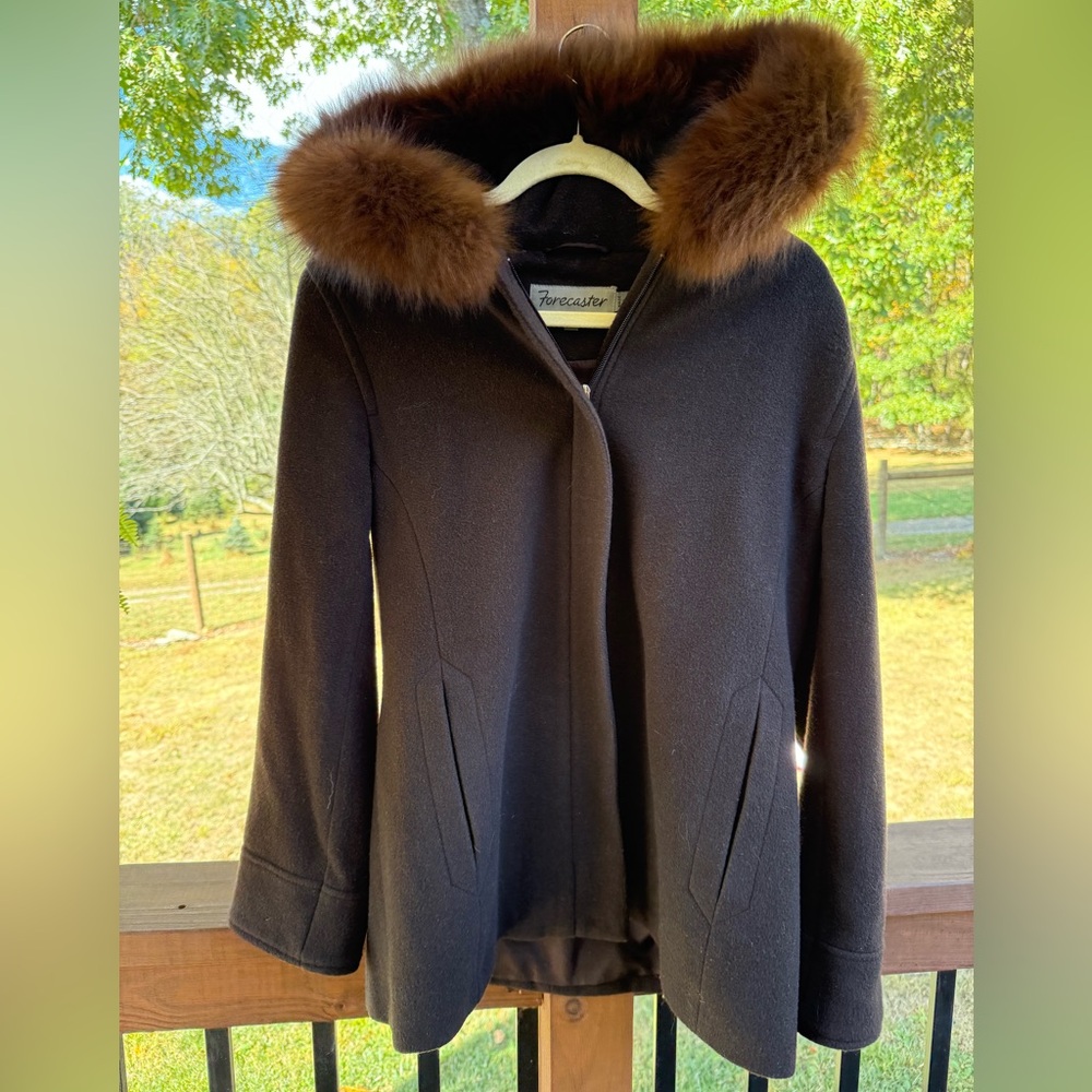 Brown Fox Fur-Trimmed Wool Women's Coat